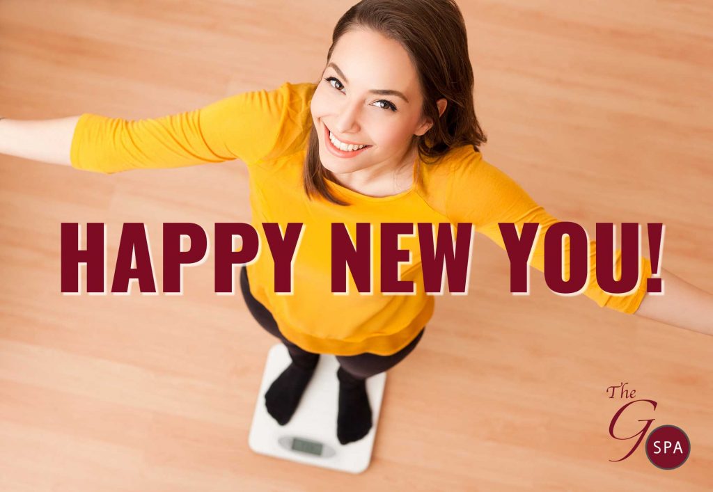 Happy New You! - A woman celebrating on the scale